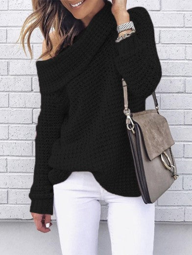 Women's Oversized Sweater Chic Off-Shoulder Knit Autumn Wool - Black