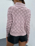 Modern Women's Soft Knit Rhombus Pattern Turtleneck Sweater - Pink
