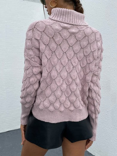Modern Women's Soft Knit Rhombus Pattern Turtleneck Sweater - Pink