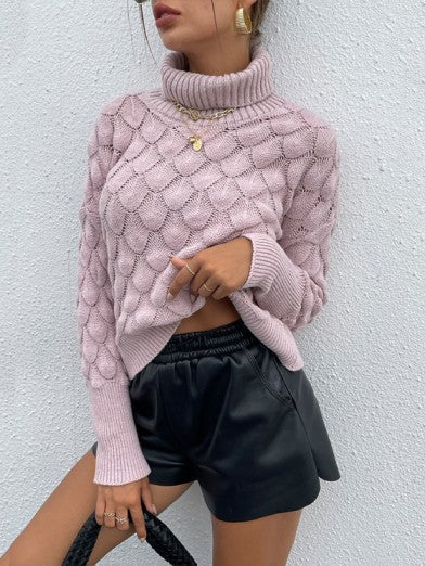 Modern Women's Soft Knit Rhombus Pattern Turtleneck Sweater - Pink