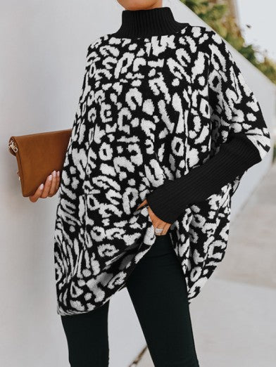 Women's Leopard Print High Neck Sweater – Loose and Trendy Knitwear - Black