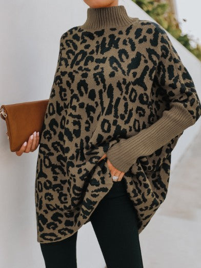 Women's Leopard Print High Neck Sweater – Loose and Trendy Knitwear - Brown