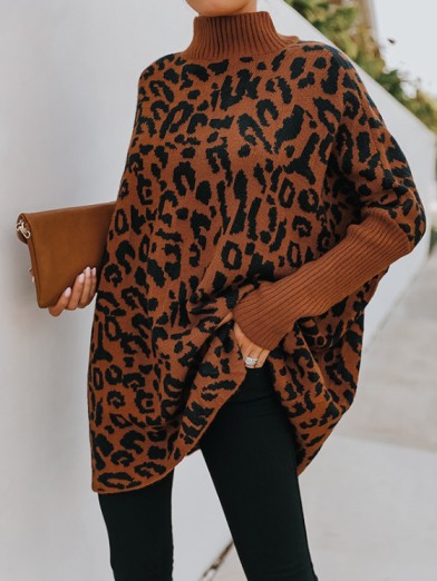 Women's Leopard Print High Neck Sweater – Loose and Trendy Knitwear - Khaki