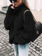 Women's Black Turtleneck Sweater Comfortable Cotton Blend - Black
