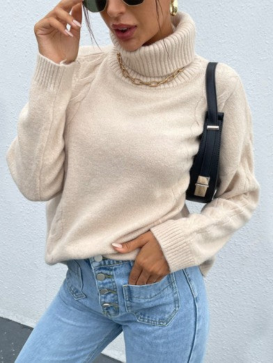 Women's Loose-Fitting Acrylic Turtleneck Sweater – Chic and Casual - Apricot