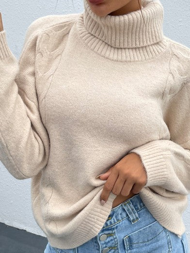 Women's Loose-Fitting Acrylic Turtleneck Sweater – Chic and Casual - Apricot