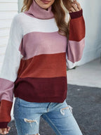 Women's Chic Rayé – Striped Acrylic Turtleneck Sweater - Brown