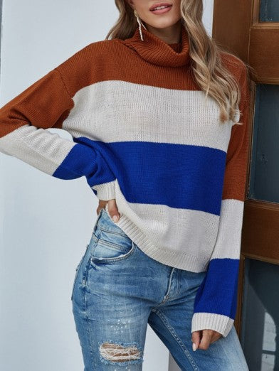 Women's Chic Rayé – Striped Acrylic Turtleneck Sweater - Brown