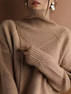 Women's Oversized Cashmere Sweater with 3D Diamond Pattern - Yellow