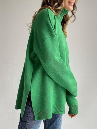 Women's Oversized Long Turtleneck Sweater with Side Slit - Green