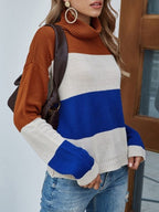 Women's Chic Rayé – Striped Acrylic Turtleneck Sweater - Brown