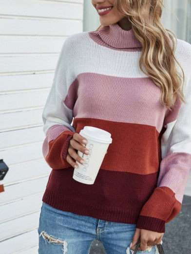 Women's Chic Rayé – Striped Acrylic Turtleneck Sweater - Brown