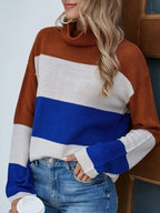 Women's Chic Rayé – Striped Acrylic Turtleneck Sweater - Brown