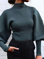 Women's Black Turtleneck Sweater with Puff Sleeves Soft Knit - Green