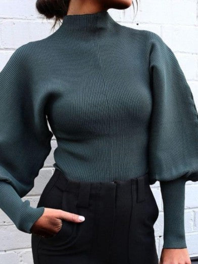 Women's Black Turtleneck Sweater with Puff Sleeves Soft Knit - Green