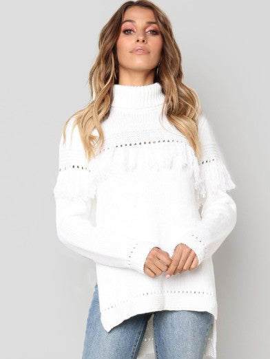Women's Fringed Turtleneck Sweater – Chic and Comfortable Elegance - White