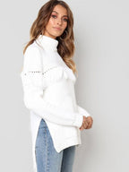 Women's Fringed Turtleneck Sweater – Chic and Comfortable Elegance - White