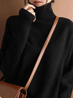 Women's Oversized Cashmere Sweater with 3D Diamond Pattern - Black