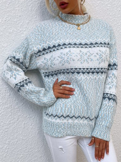 Women's Half Turtleneck Sweater with Snowflake Pattern - Apricot