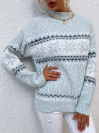 Women's Half Turtleneck Sweater with Snowflake Pattern - Apricot
