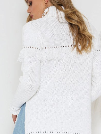Women's Fringed Turtleneck Sweater – Chic and Comfortable Elegance - White