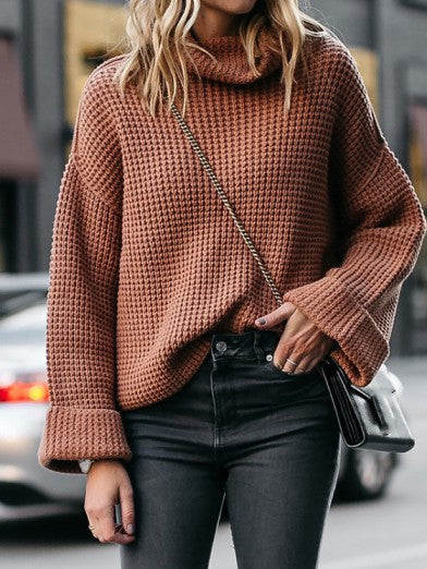 Women's Oversized Black Turtleneck Sweater with Flared Sleeves - Apricot