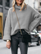 Women's Oversized Black Turtleneck Sweater with Flared Sleeves - Apricot