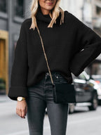 Women's Oversized Black Turtleneck Sweater with Flared Sleeves - Apricot