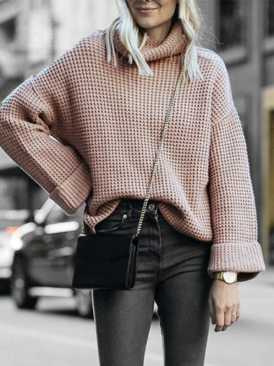 Women's Oversized Black Turtleneck Sweater with Flared Sleeves - Apricot