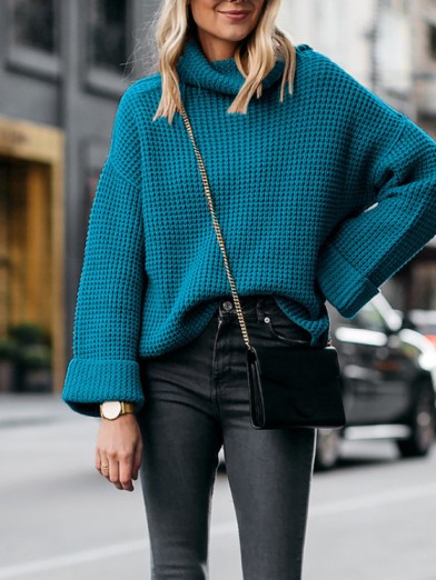Women's Oversized Black Turtleneck Sweater with Flared Sleeves - Apricot