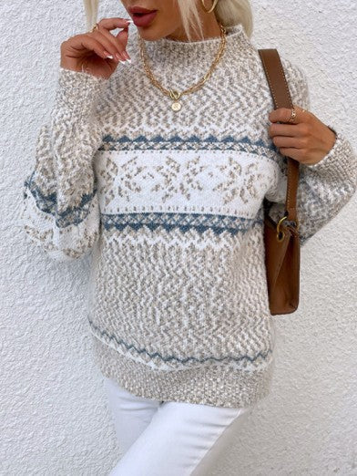 Women's Half Turtleneck Sweater with Snowflake Pattern - Apricot