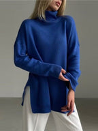 Women's Oversized Long Turtleneck Sweater with Side Slit - Green