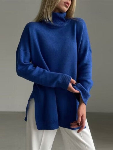 Women's Oversized Long Turtleneck Sweater with Side Slit - Green
