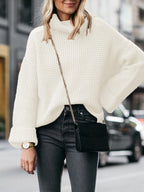 Women's Oversized Black Turtleneck Sweater with Flared Sleeves - Apricot