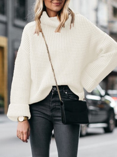 Women's Oversized Black Turtleneck Sweater with Flared Sleeves - Apricot