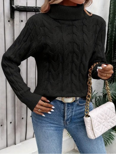 Women's Cable Knit Turtleneck Sweater – Casual Elegance for Winter - Pink
