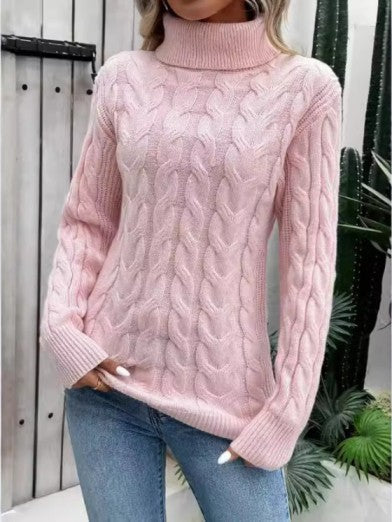 Women's Cable Knit Turtleneck Sweater – Casual Elegance for Winter - Pink