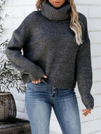 Women's Oversized Black Turtleneck Sweater Soft Knit Comfort - Dark Gray