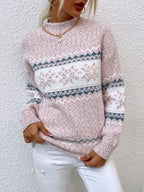 Women's Half Turtleneck Sweater with Snowflake Pattern - Apricot