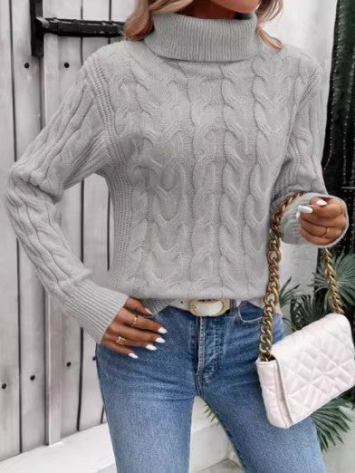 Women's Cable Knit Turtleneck Sweater – Casual Elegance for Winter - Pink