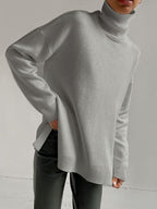 Women's Oversized Long Turtleneck Sweater with Side Slit - Apricot