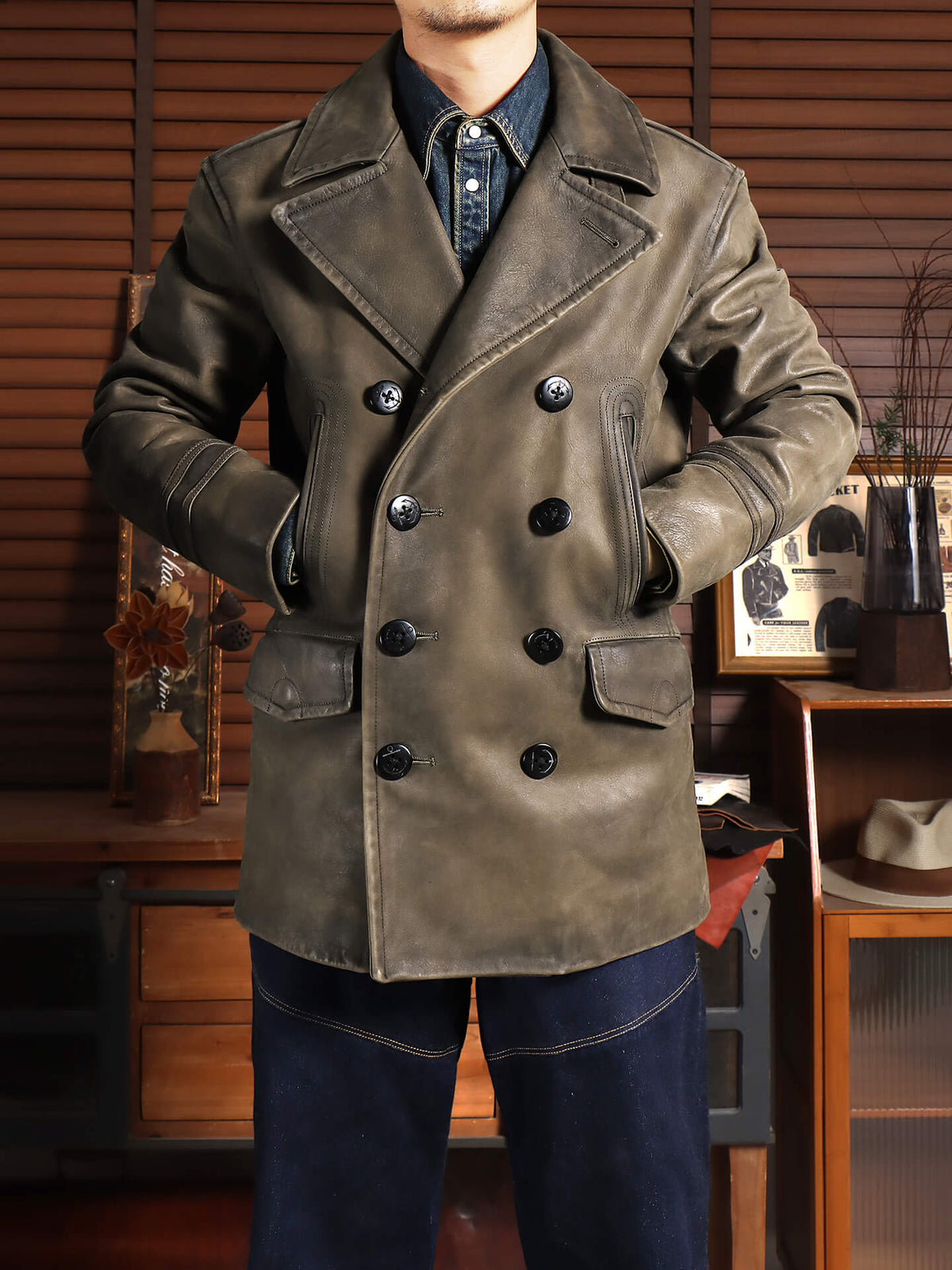 Men's Leather Jacket - Khkai-Green