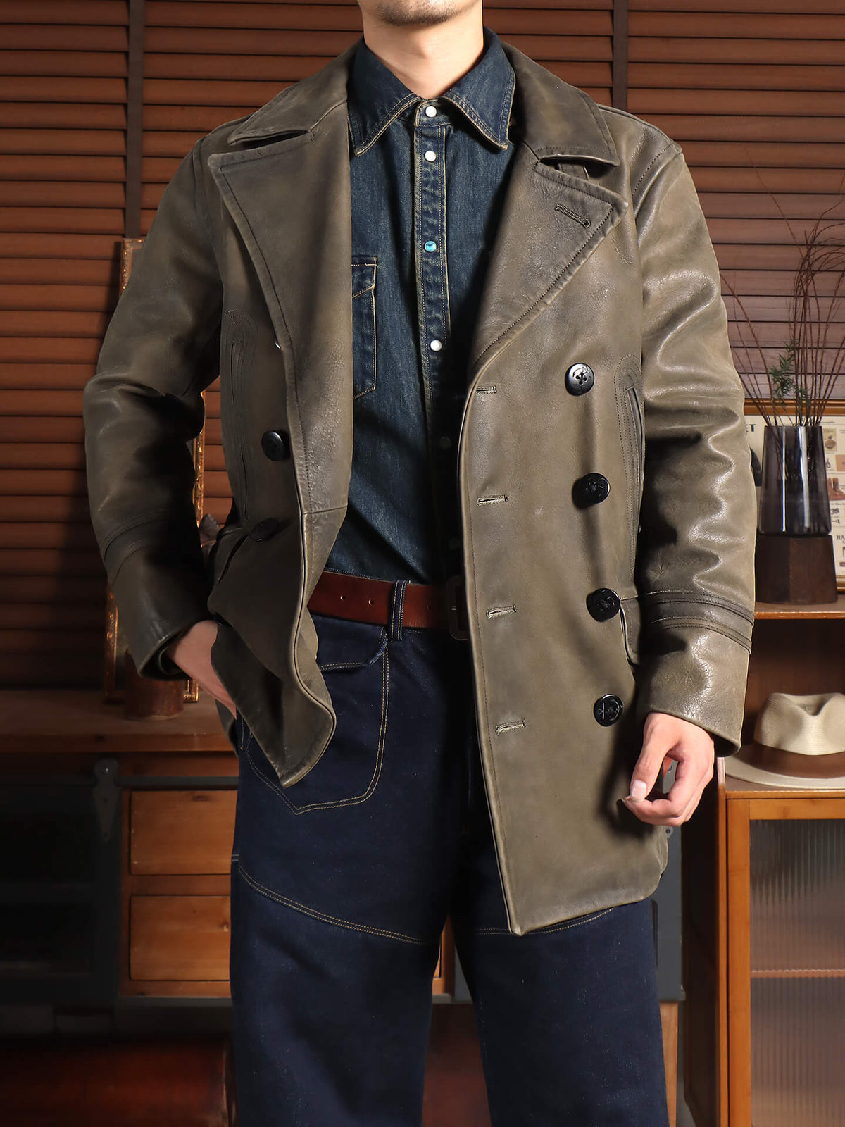Men's Leather Jacket - Khkai-Green