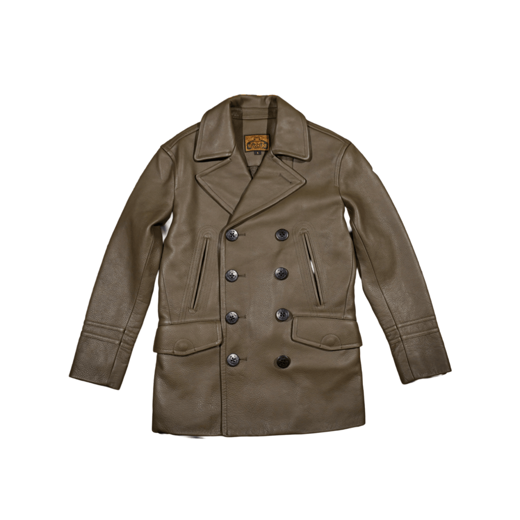 Men's Mid Length 740N Leather Pea Coat - Khkai-Green