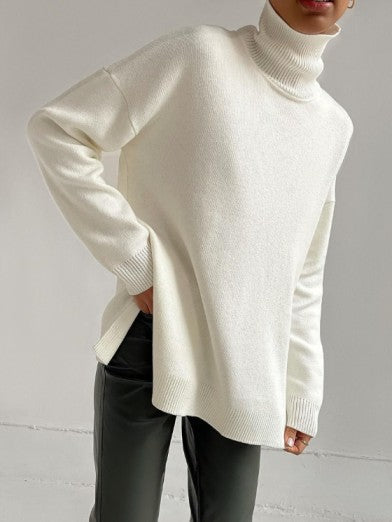 Women's Oversized Long Turtleneck Sweater with Side Slit - Apricot