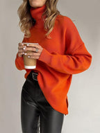 Women's Oversized Long Turtleneck Sweater with Side Slit - Light Gray