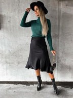 Women's Striped Turtleneck Sweater with Contrast Sleeves - Green