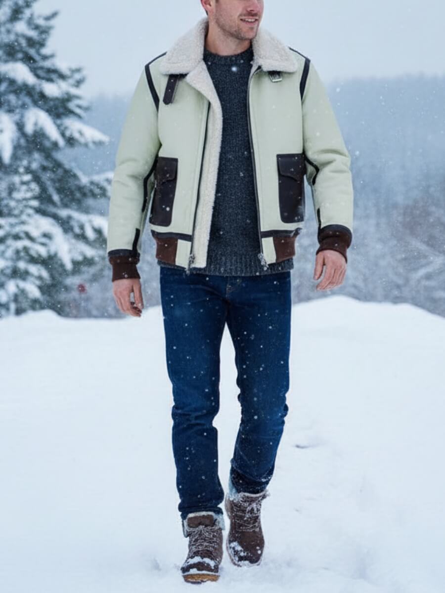 Men's Leather Jacket - Beige