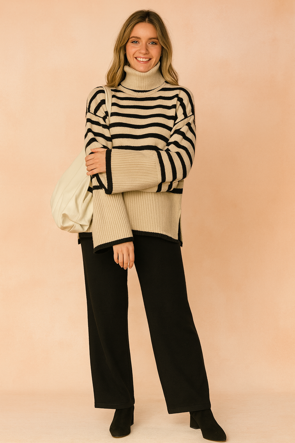 Women's Adrianna Striped turtleneck sweater - Beige