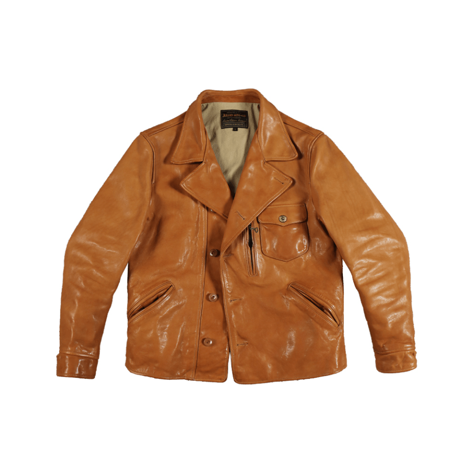 Men's Asymmetric Leather Rider Jacket - Yellowish-Brown